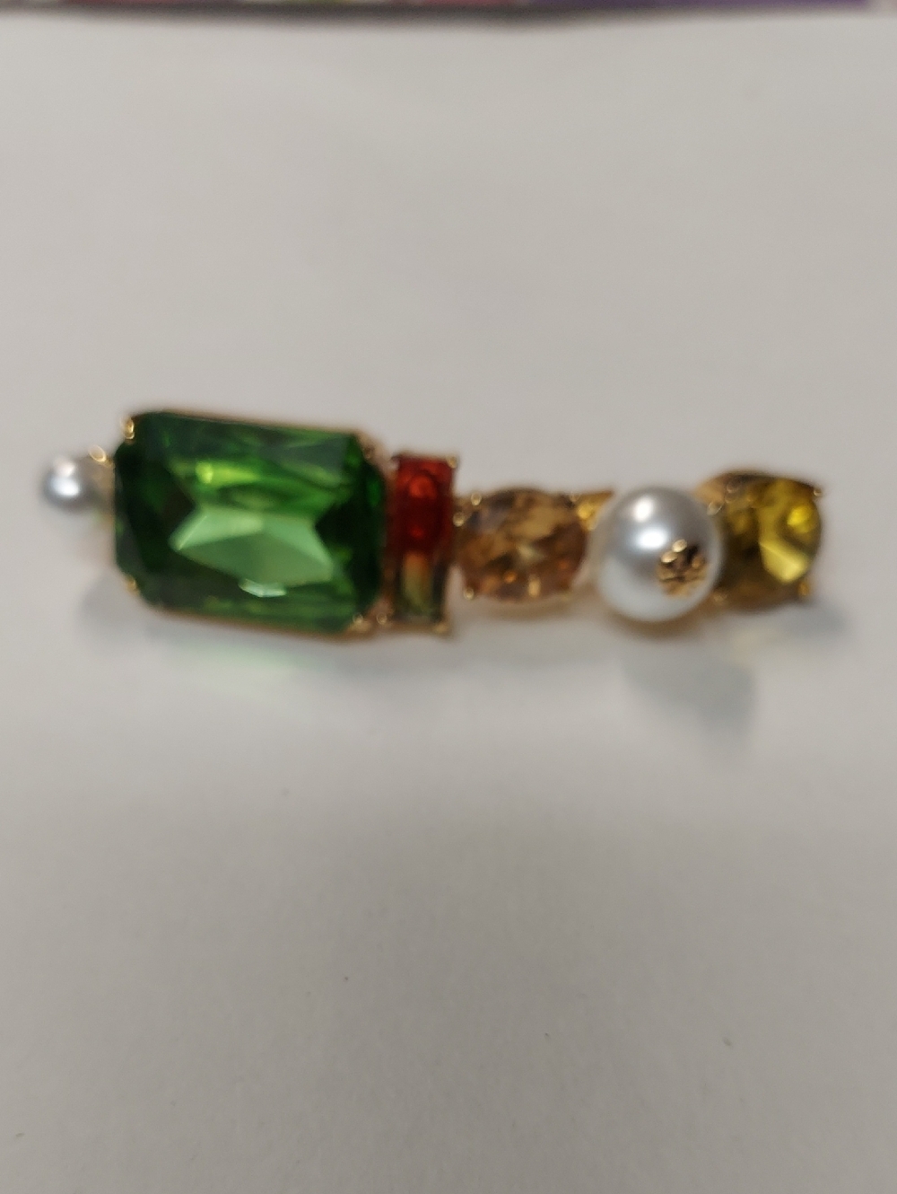 Gold-Tone Multi Gem Bar Pin with Green Crystal and Pearl